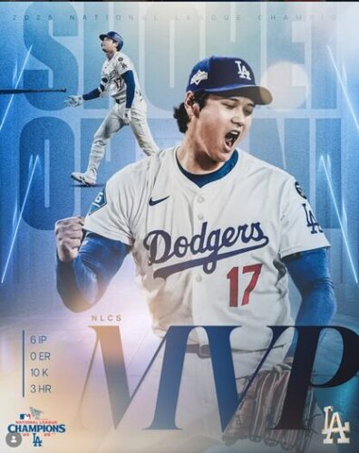 2025年10月18日、2025年のNLCSのMVPの大谷翔平が選ばれたことを報告するロサンゼルス・ドジャース