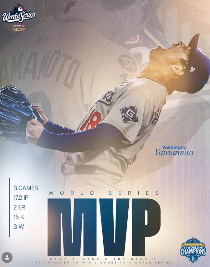 MVPを獲った際のInstagramの山本由伸選手